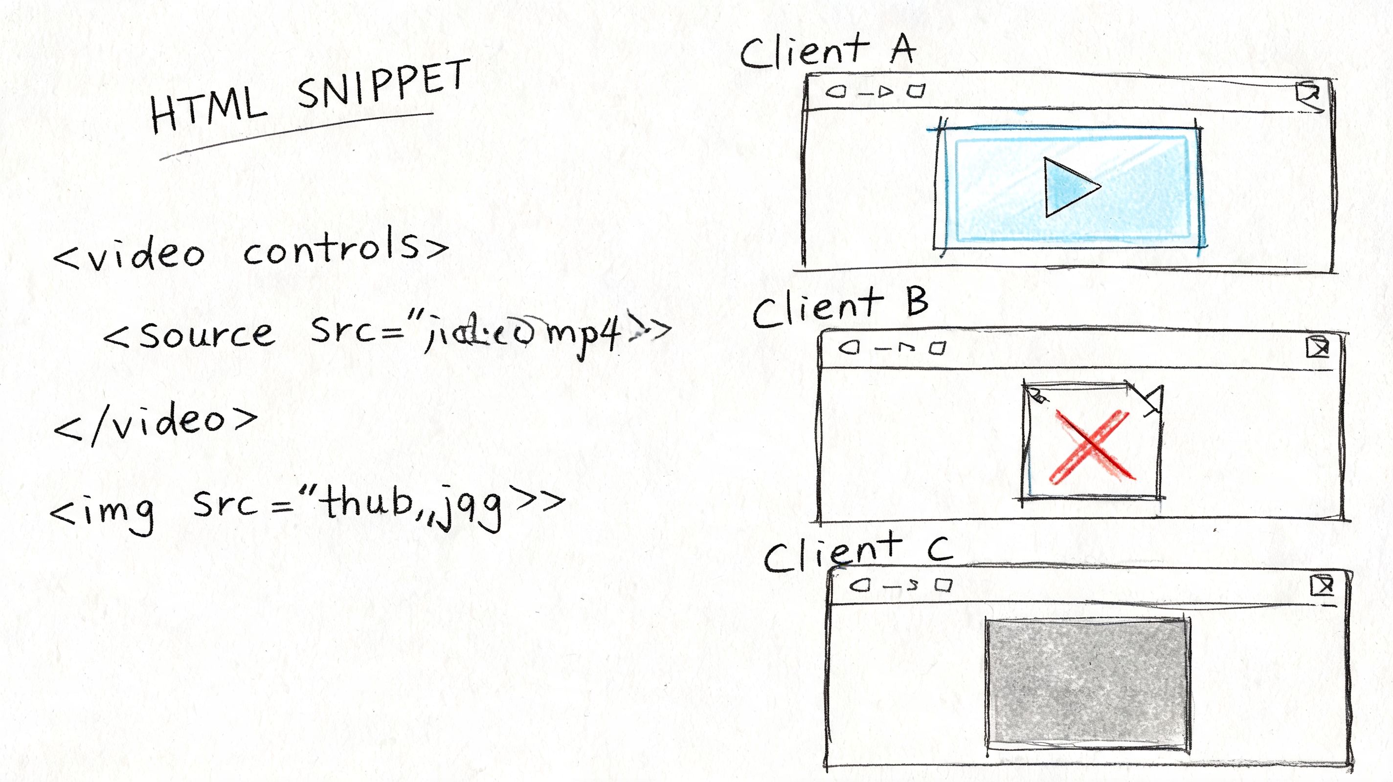 A hand-drawn illustration showing HTML video code alongside three client browsers displaying different video loading states.