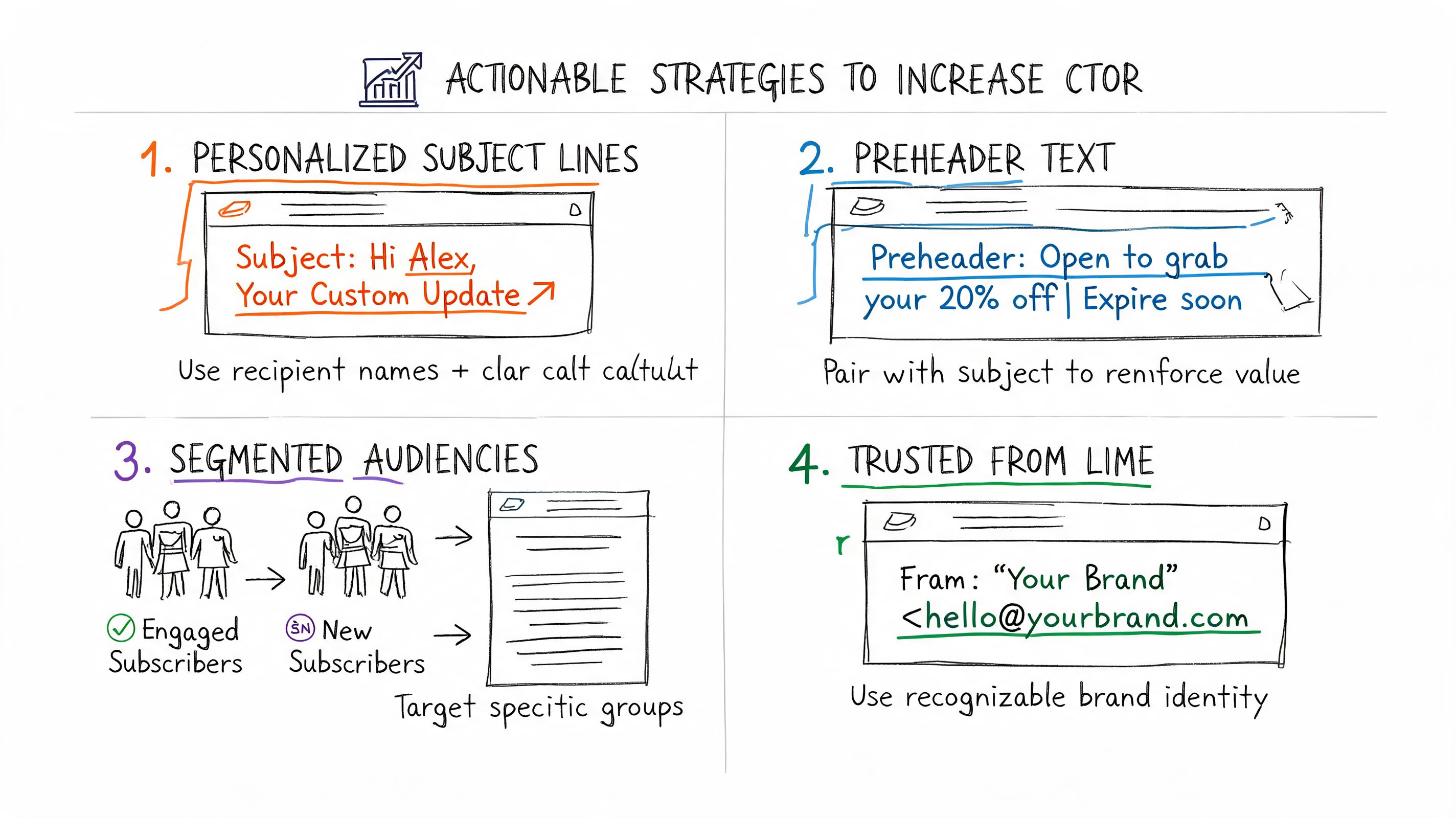 A hand-drawn infographic listing four actionable email marketing strategies to help increase subscriber click-to-open rates.