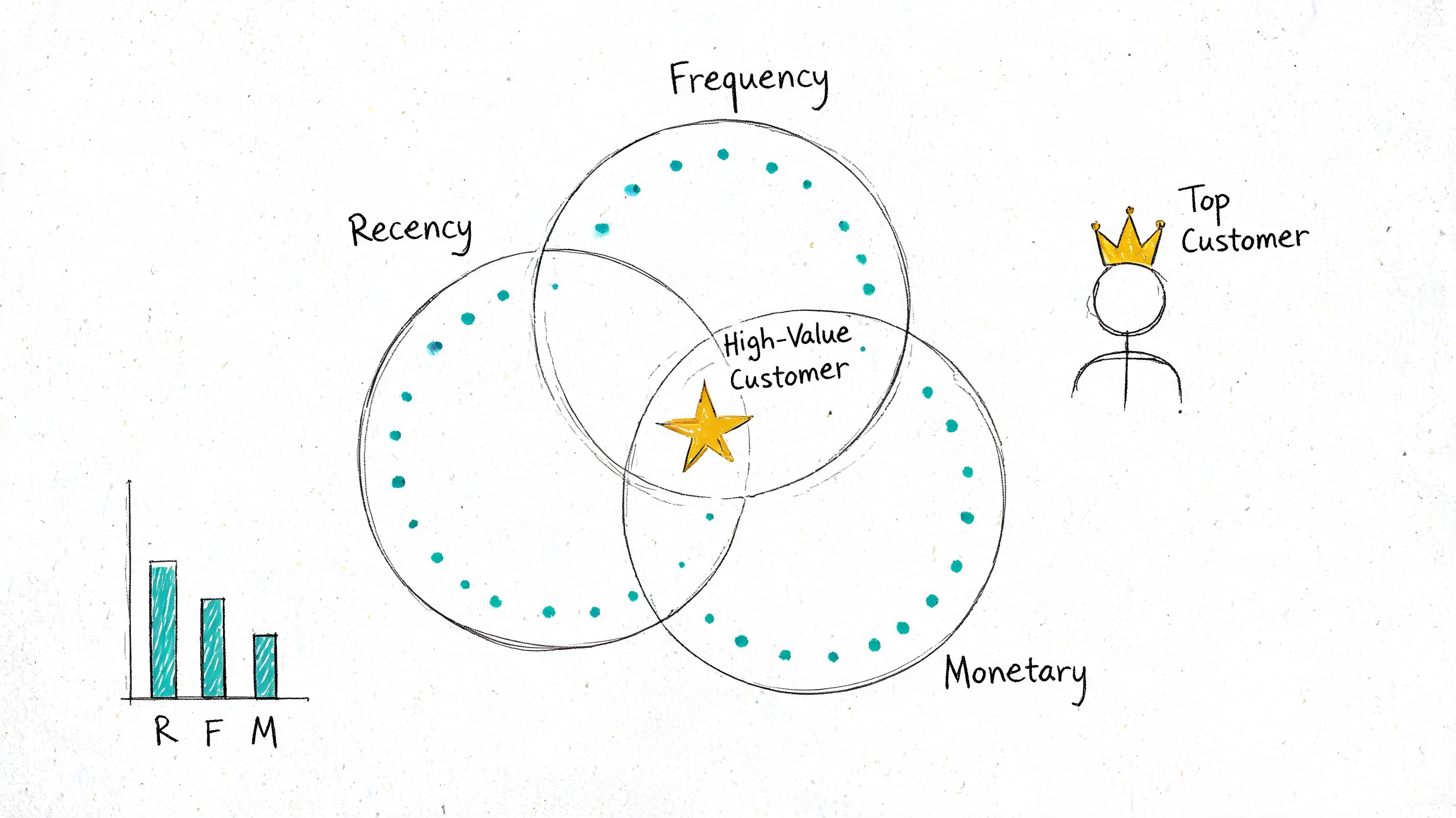 A hand-drawn Venn diagram illustrating the RFM model showing how Recency, Frequency, and Monetary values identify high-value customers.