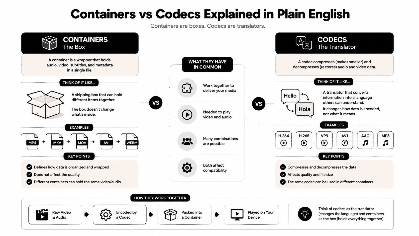 An infographic explaining the differences between video file containers and codecs using simple analogies and examples.