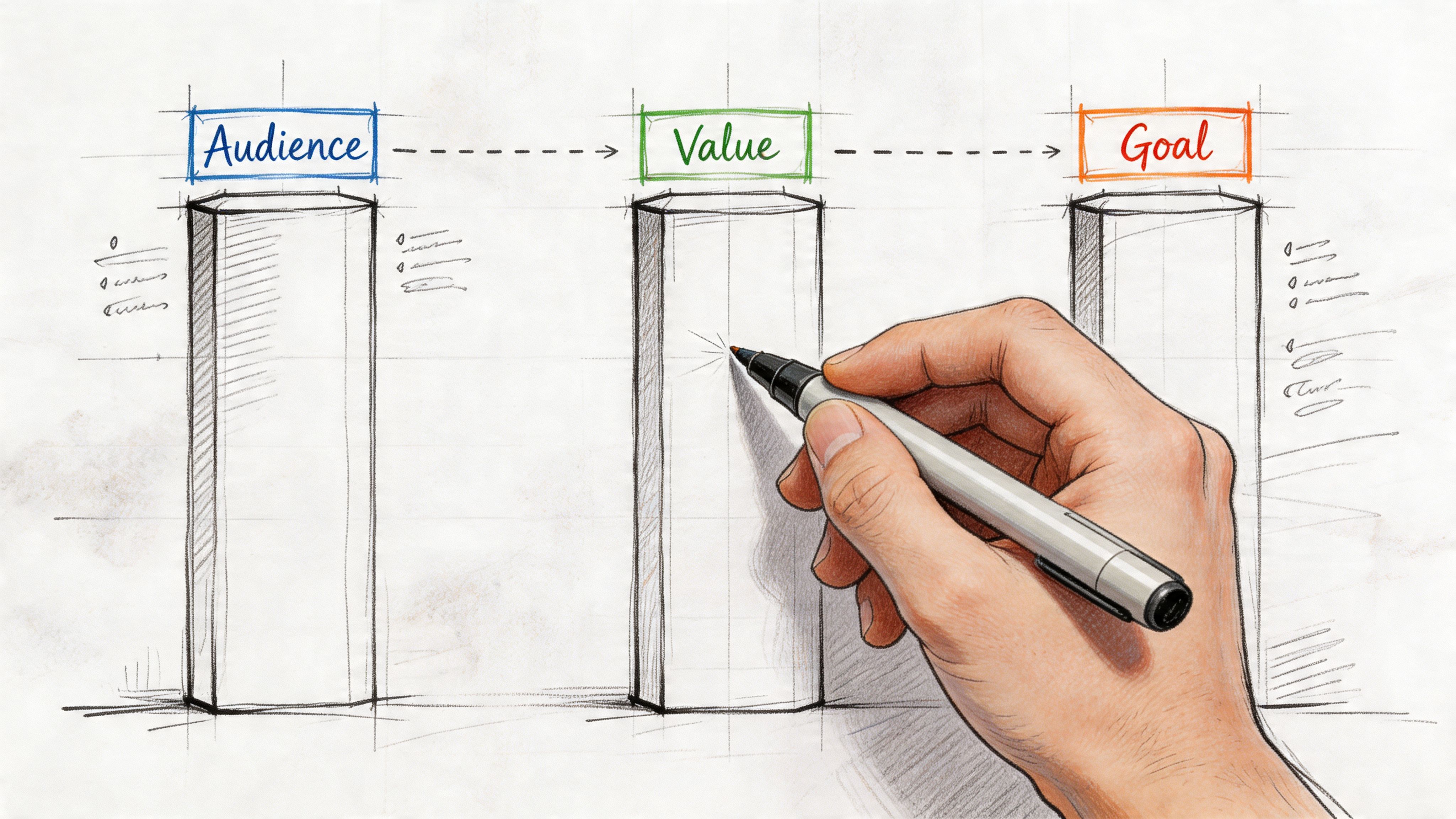 A hand drawing a strategic process diagram illustrating the flow between Audience, Value, and Goal columns.