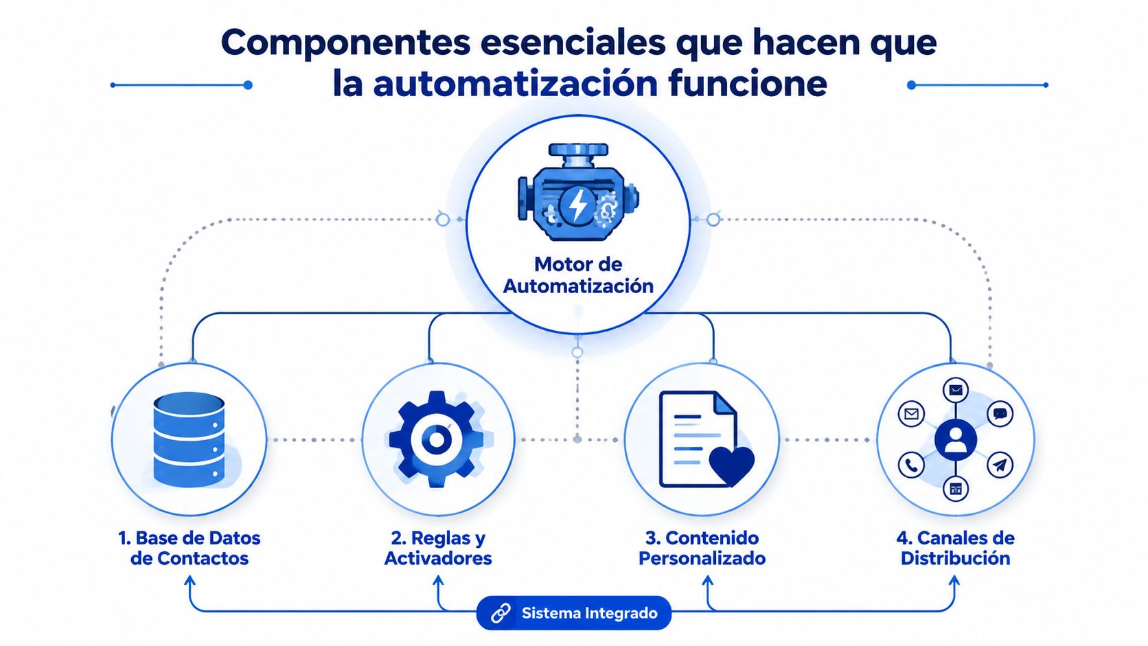 Diagrama que muestra los cuatro componentes esenciales del funcionamiento de un sistema de marketing automation integrado.