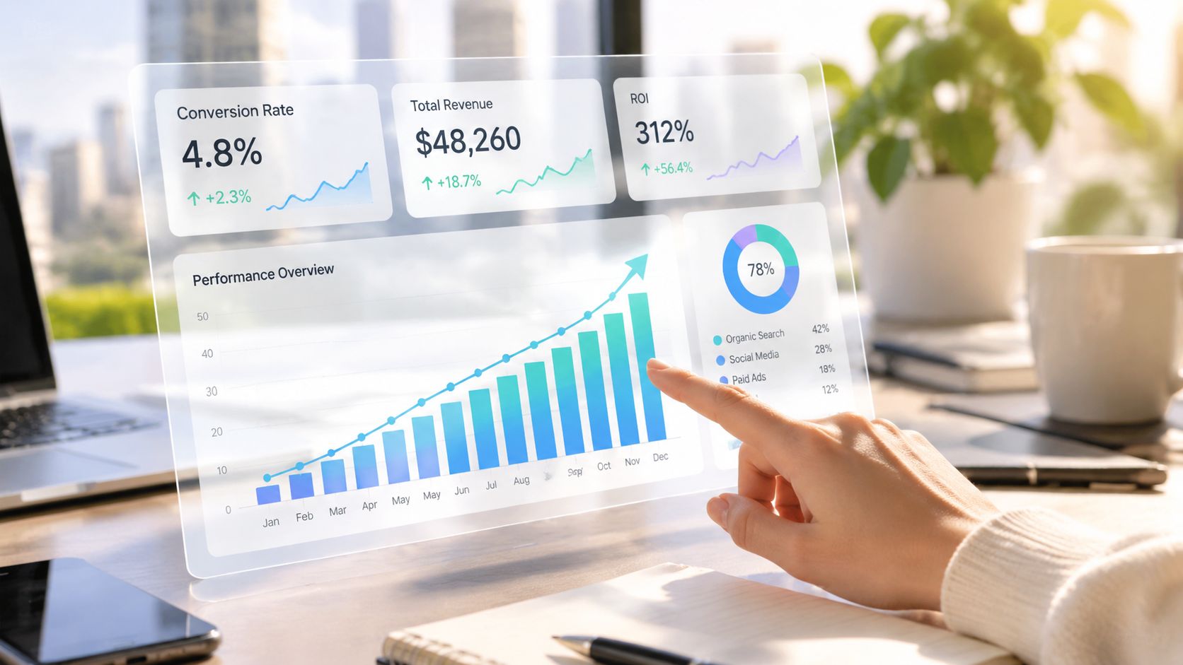 Una persona interactuando con una pantalla transparente que muestra métricas de rendimiento y gráficos de negocios digitales.