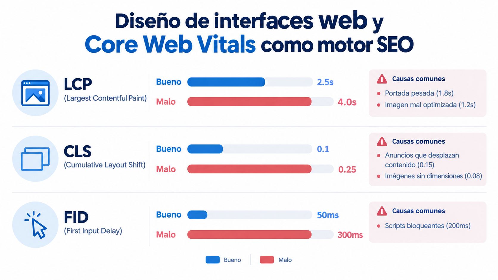 Infografía sobre Core Web Vitals explicando métricas LCP, INP y CLS para mejorar el diseño web y el SEO.