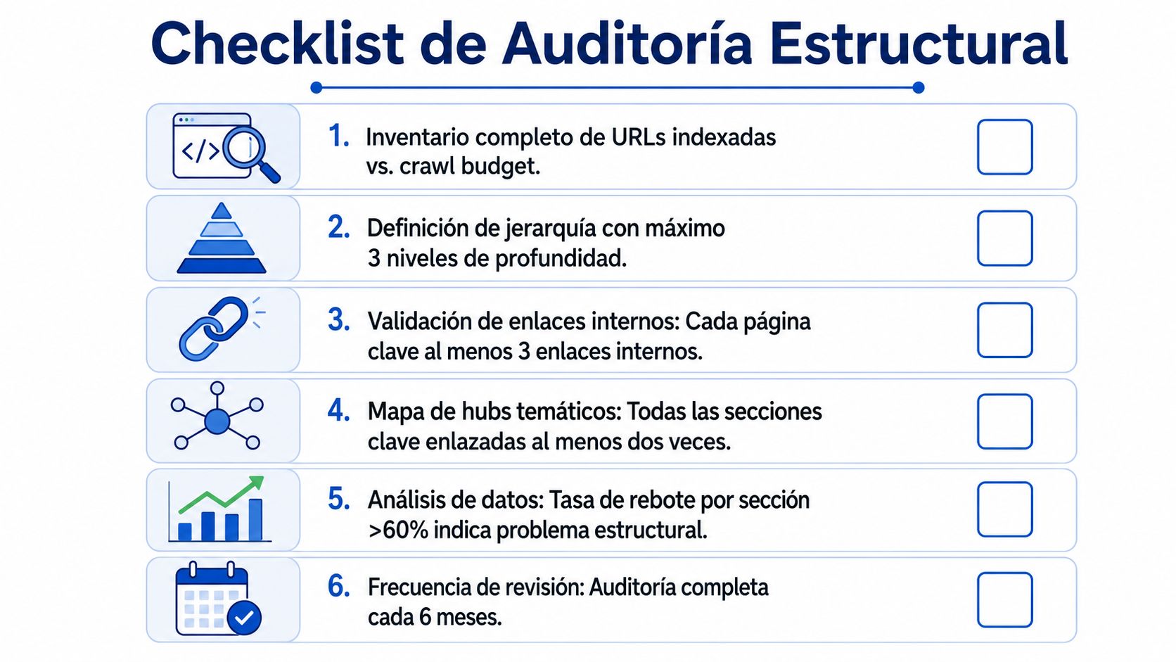 Lista de control para auditoría de arquitectura de la información web con seis puntos clave de optimización.