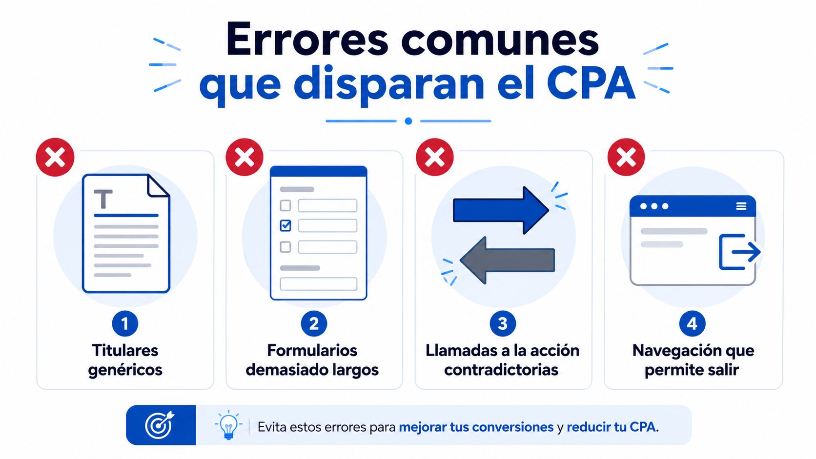 Infografía sobre errores comunes que aumentan el costo por adquisición en las páginas de aterrizaje.