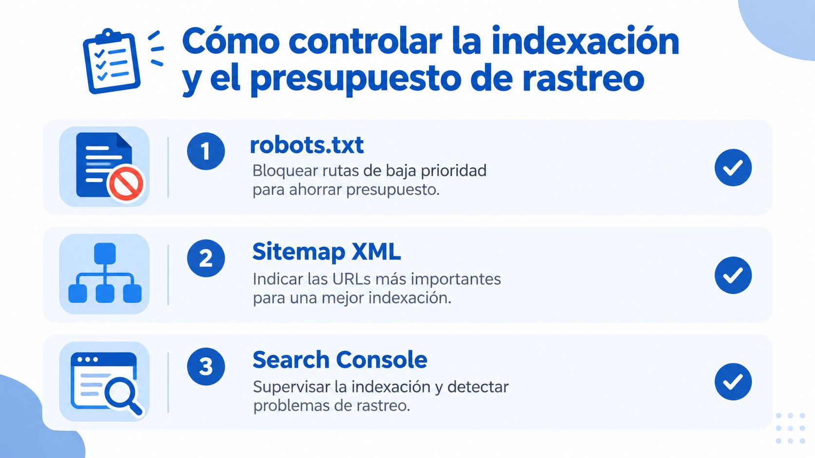 Infografía sobre cómo controlar la indexación y el presupuesto de rastreo usando robots.txt, sitemaps y Search Console.
