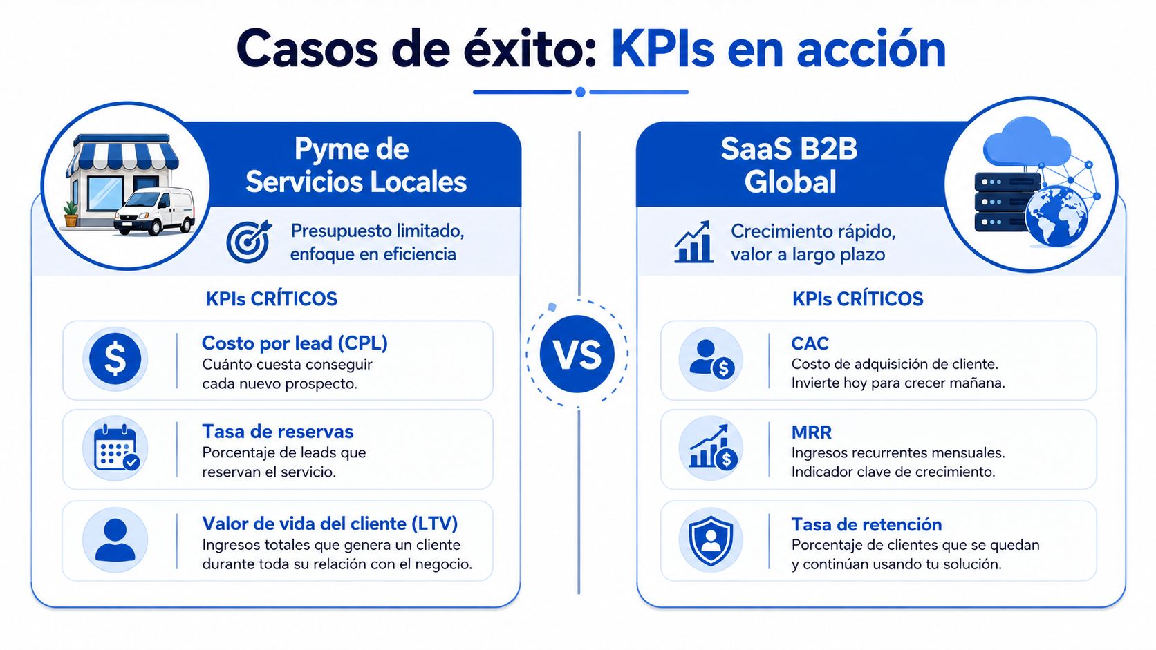 Comparativa de KPIs clave para Pymes de servicios locales frente a empresas globales de software SaaS B2B.