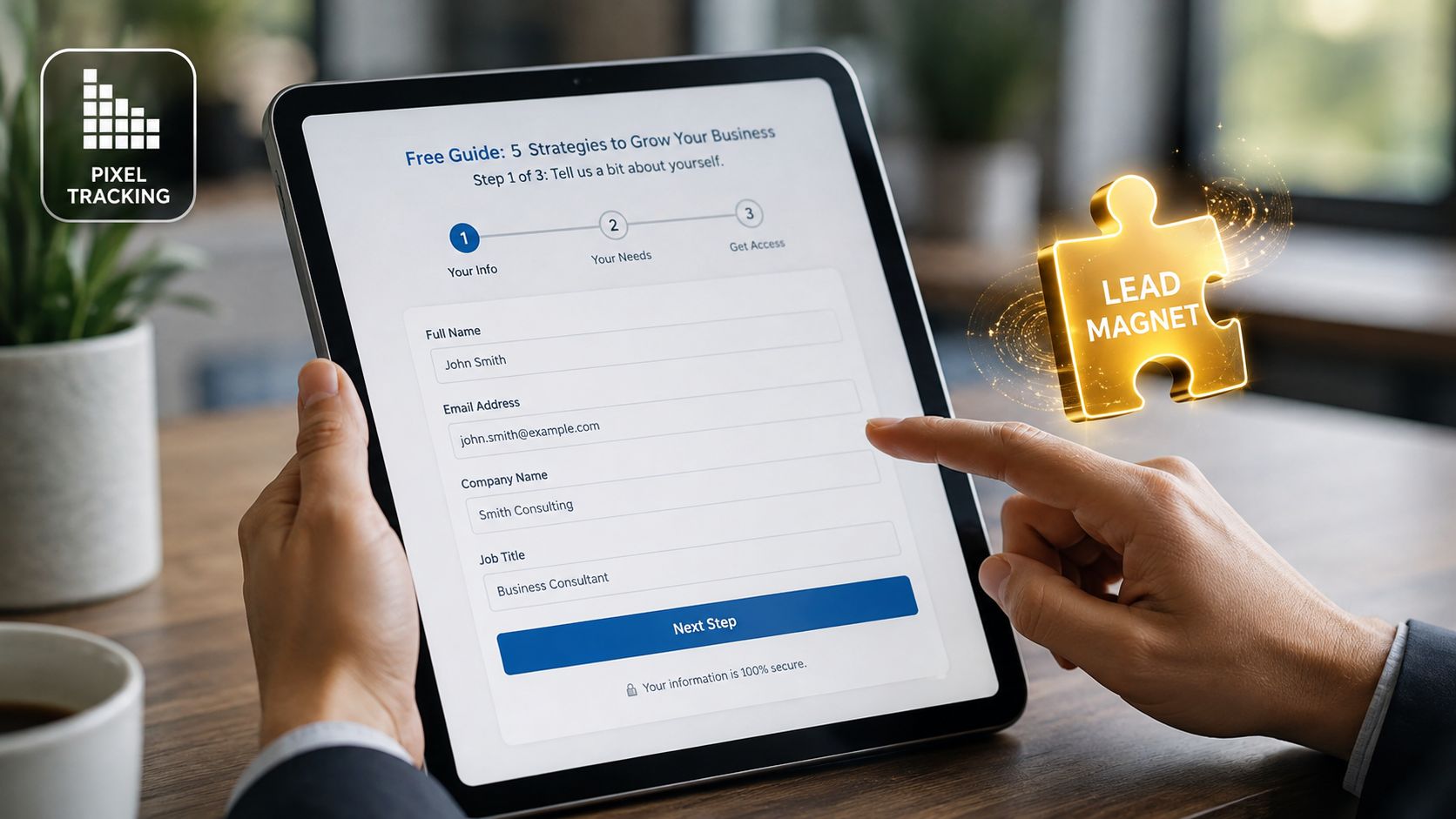 Una persona completando un formulario de captura de datos en una tableta digital para una estrategia empresarial.