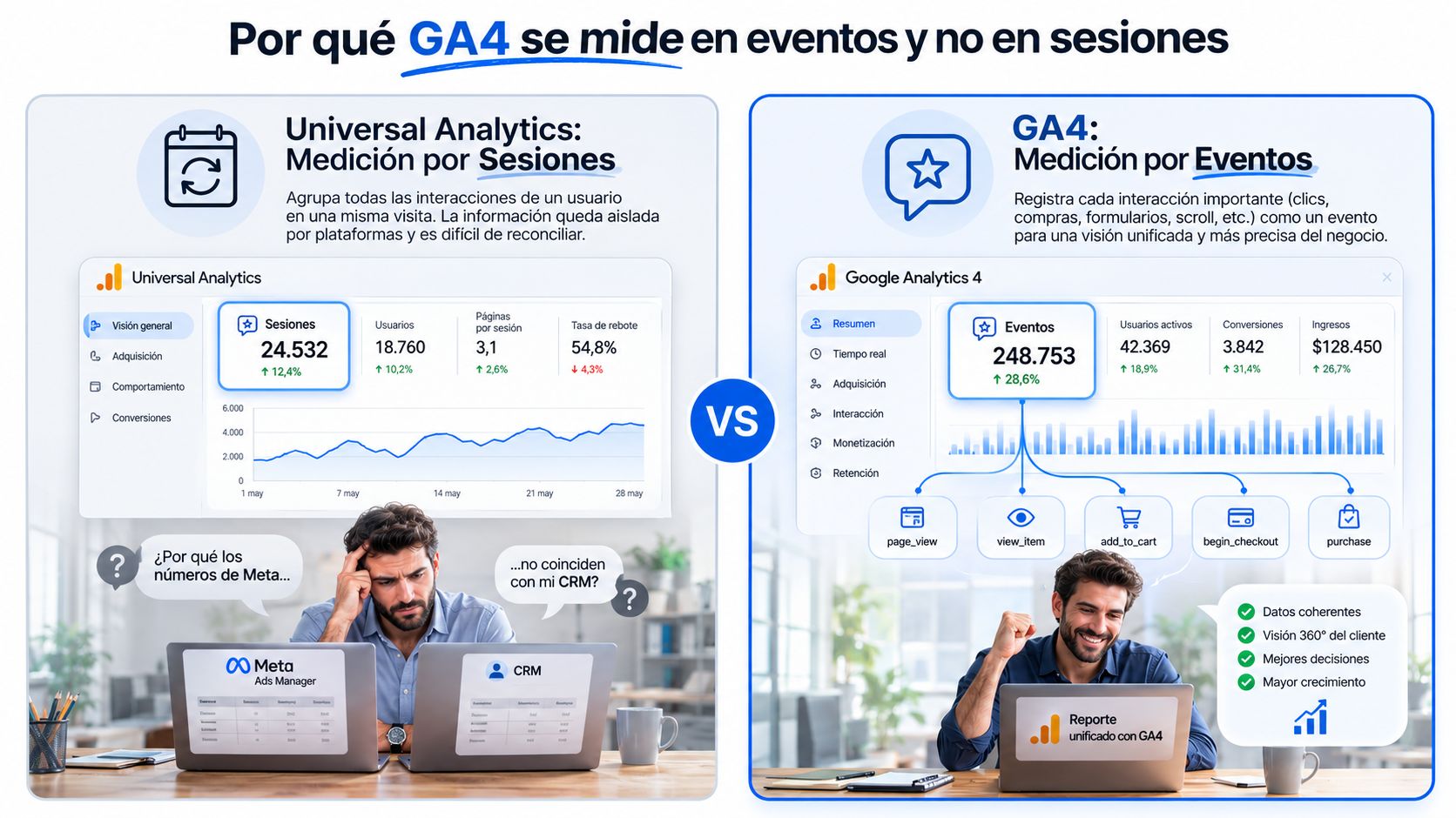 Comparativa visual entre el modelo de medición por sesiones de Universal Analytics y por eventos de GA4.