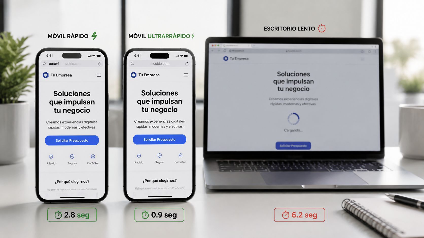 Comparativa de tiempos de carga en dispositivos móviles frente a un ordenador de escritorio lento.