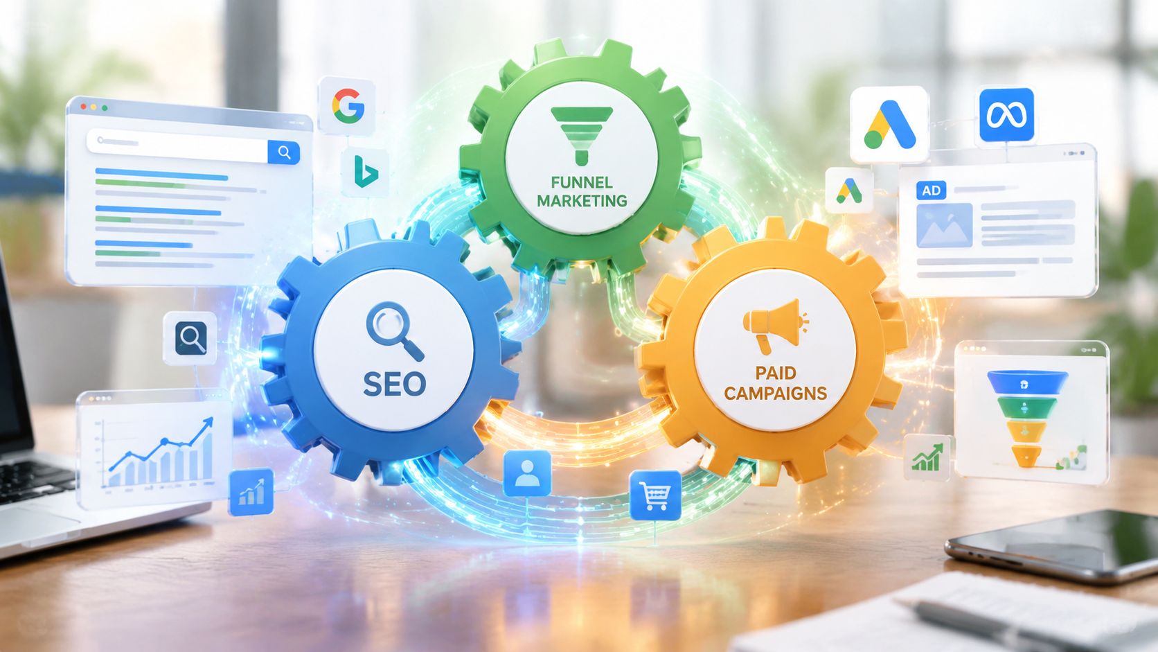 Engranajes 3D representando SEO, marketing de embudo y campañas pagadas para optimización estratégica de marketing digital.
