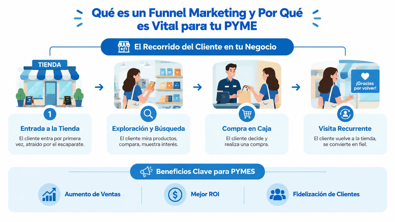 Infografía que explica el embudo de marketing mostrando las etapas del recorrido del cliente en una PYME.