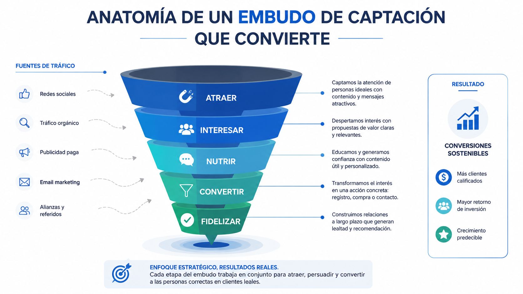 Diagrama de embudo de captación que ilustra las etapas estratégicas para convertir leads en clientes leales.