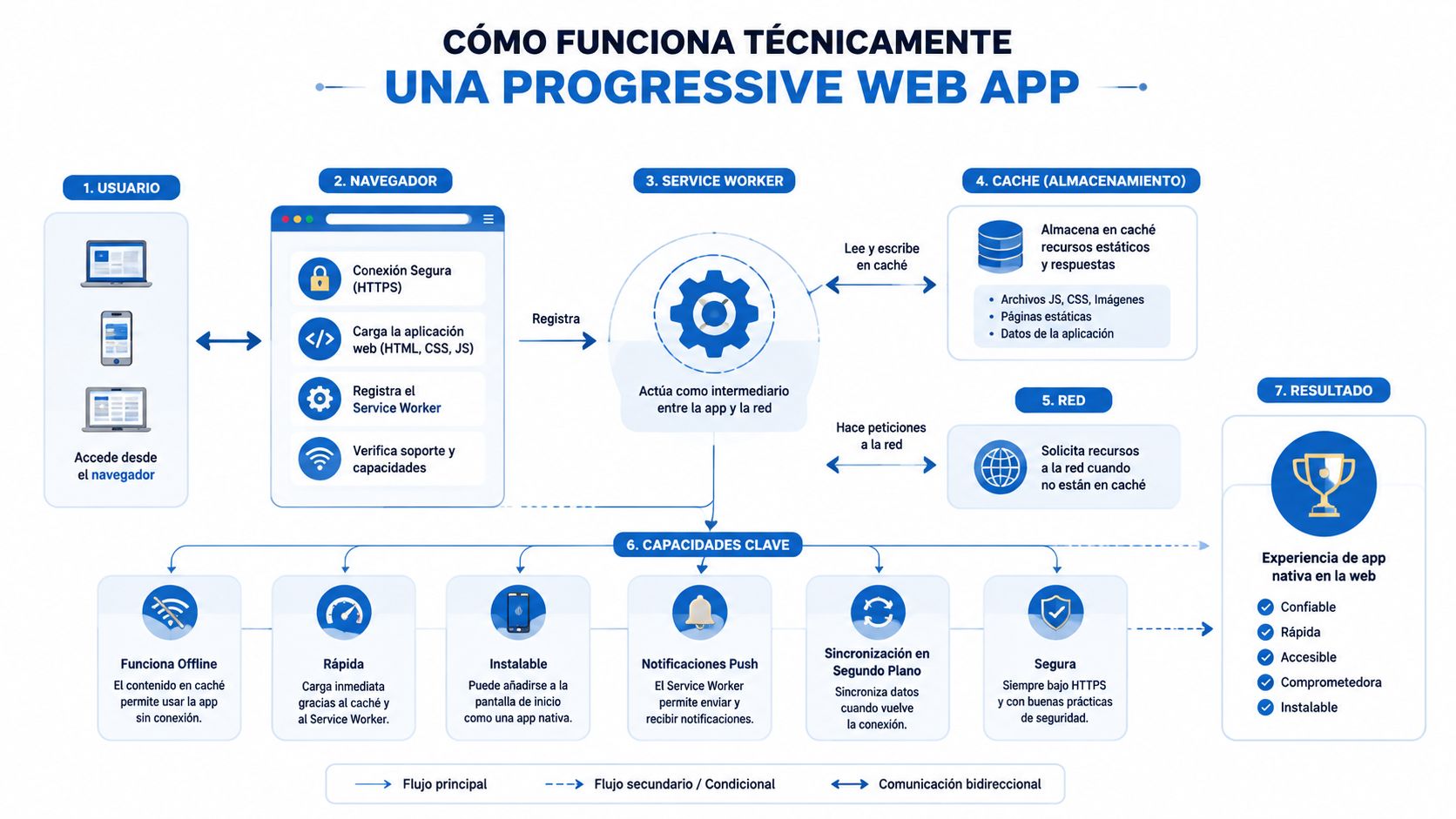 Infografía técnica que explica cómo funciona una aplicación web progresiva mediante el navegador, service workers y caché.