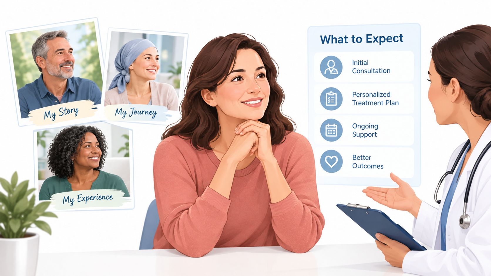 A patient sitting with a healthcare professional during a consultation with testimonial images shown nearby.