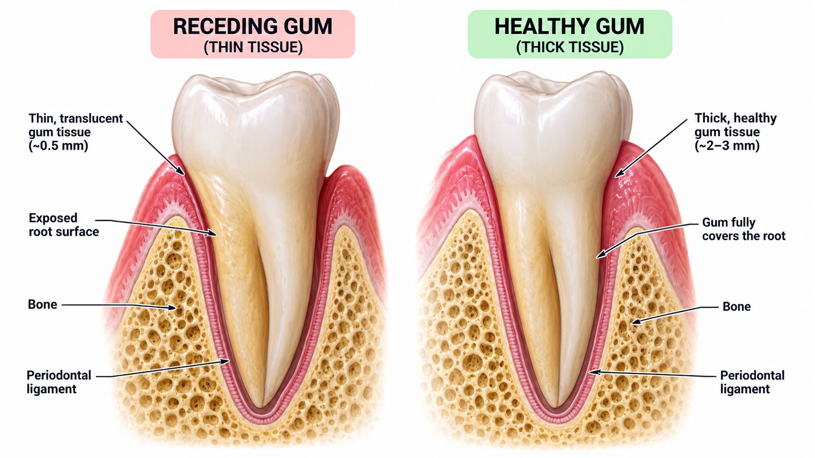 A comparison illustration showing the anatomical difference between receding gum tissue and healthy thick gum tissue.