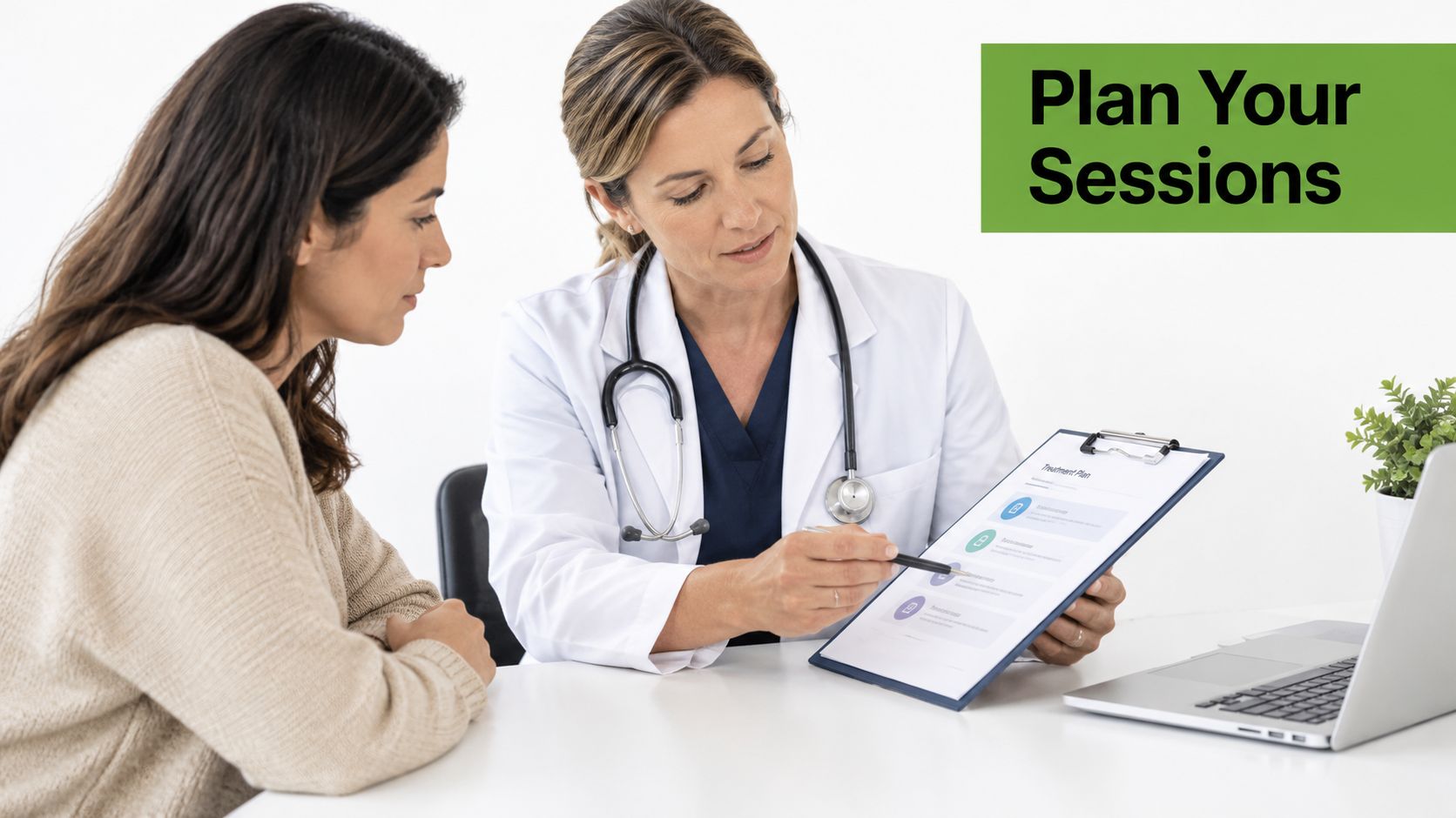 A female doctor in a white coat explaining a treatment plan to a patient in an office.