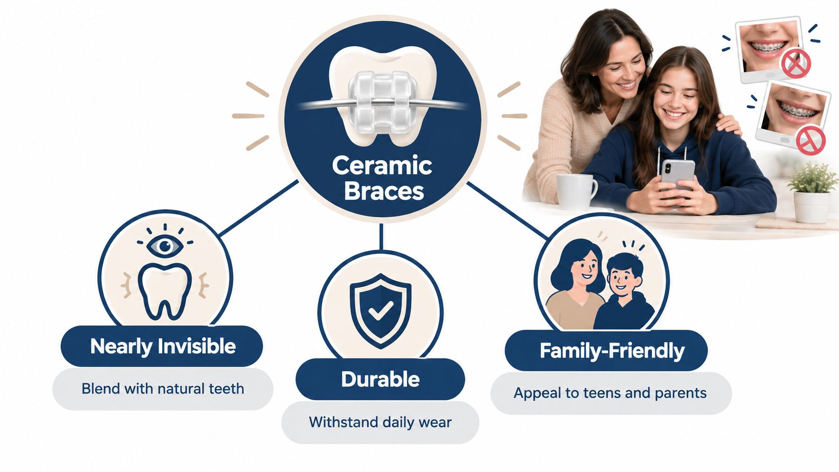 A diagram highlighting the benefits of ceramic braces, showing they are nearly invisible, durable, and family-friendly.