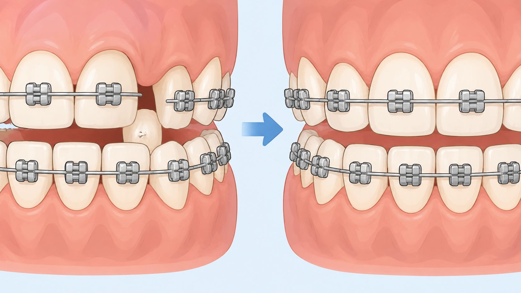A dental illustration showing before and after treatment with metal braces correcting misaligned teeth.