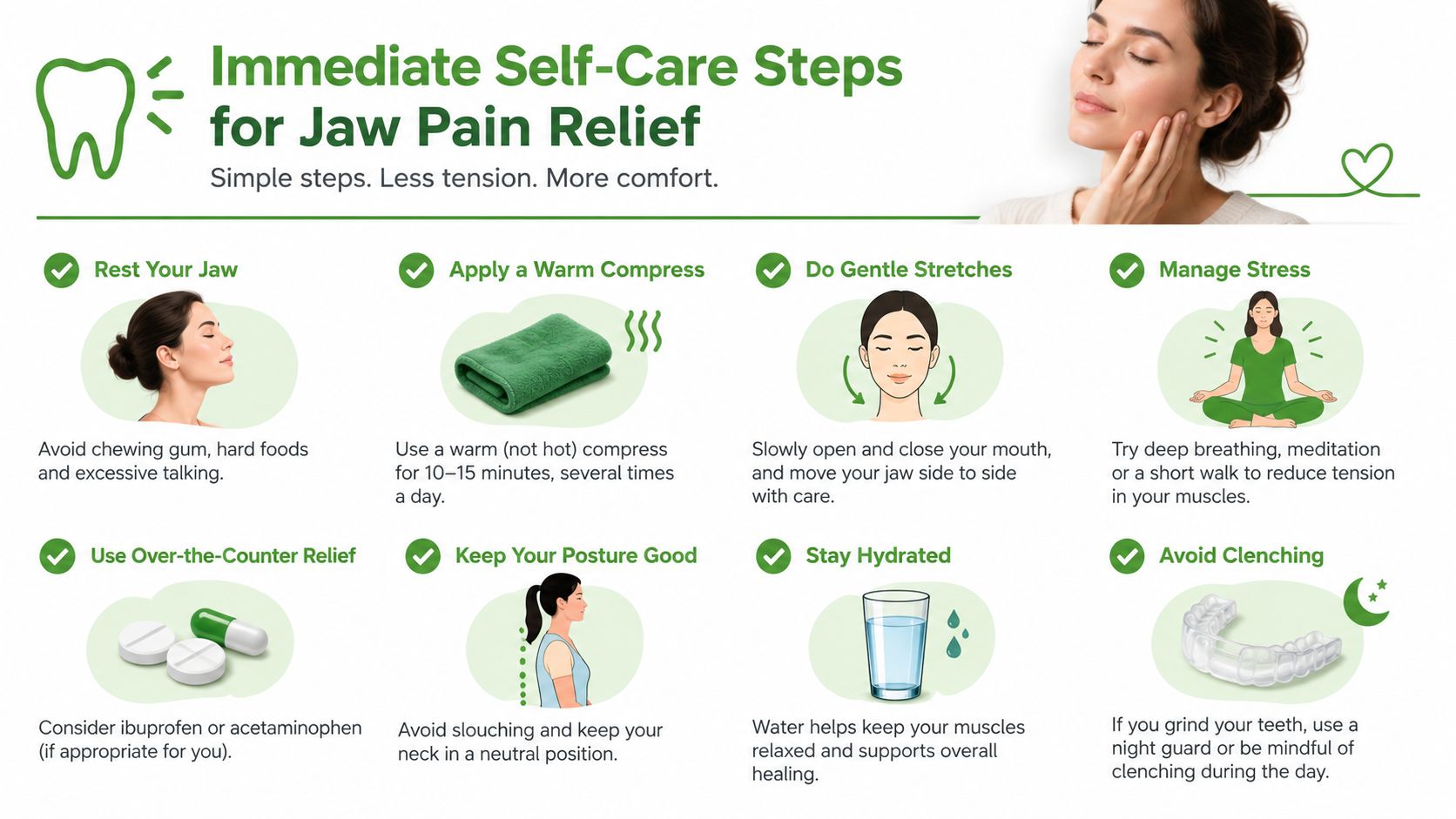 An infographic showing eight self-care steps for immediate relief of jaw pain and TMJ discomfort.
