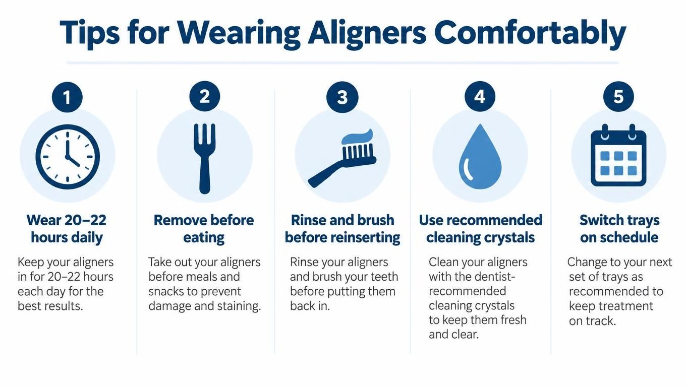 An infographic detailing five essential tips for successfully and comfortably wearing dental aligner trays daily.