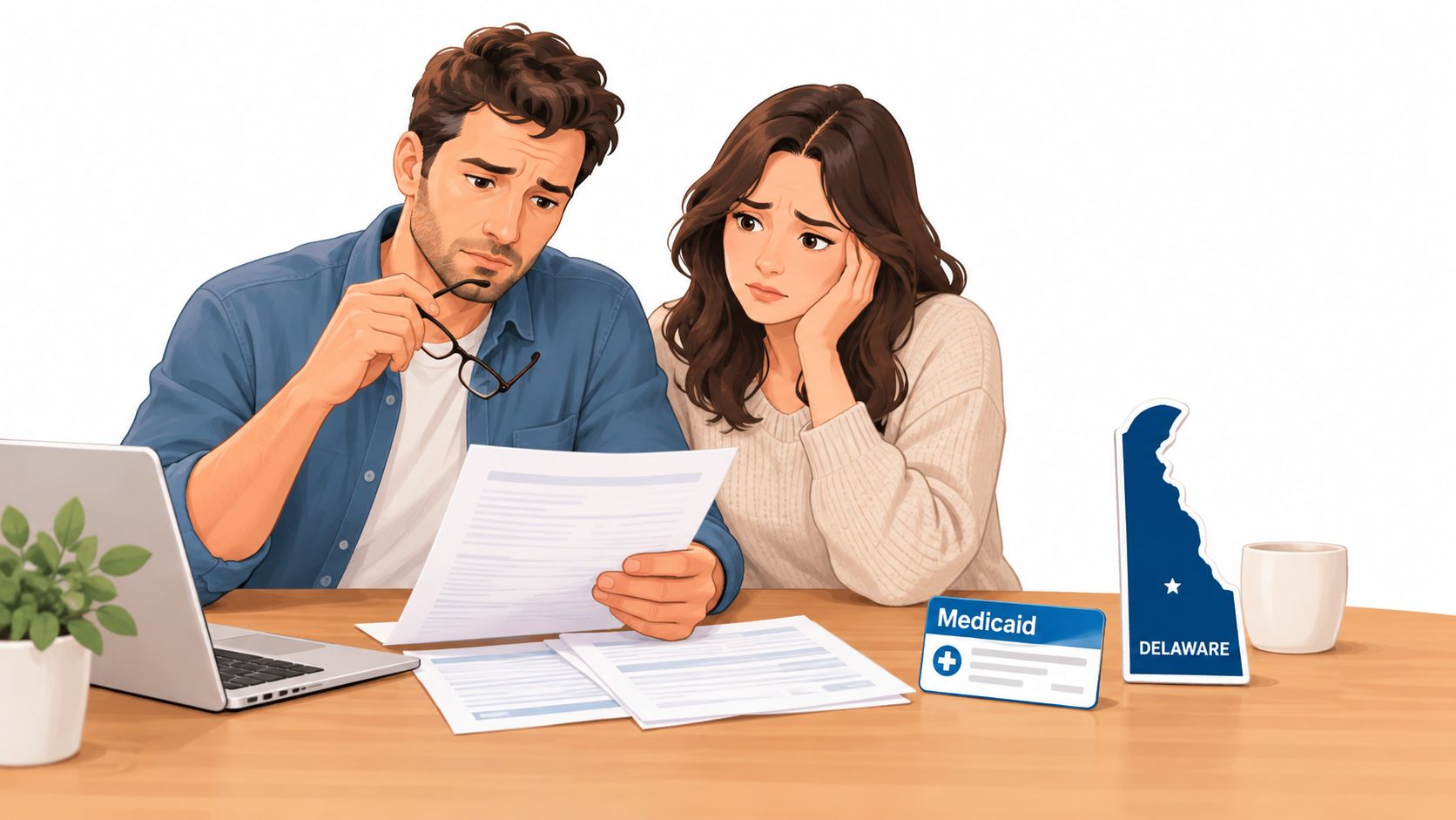A concerned couple sitting at a desk reviewing financial paperwork near a Delaware Medicaid information card.