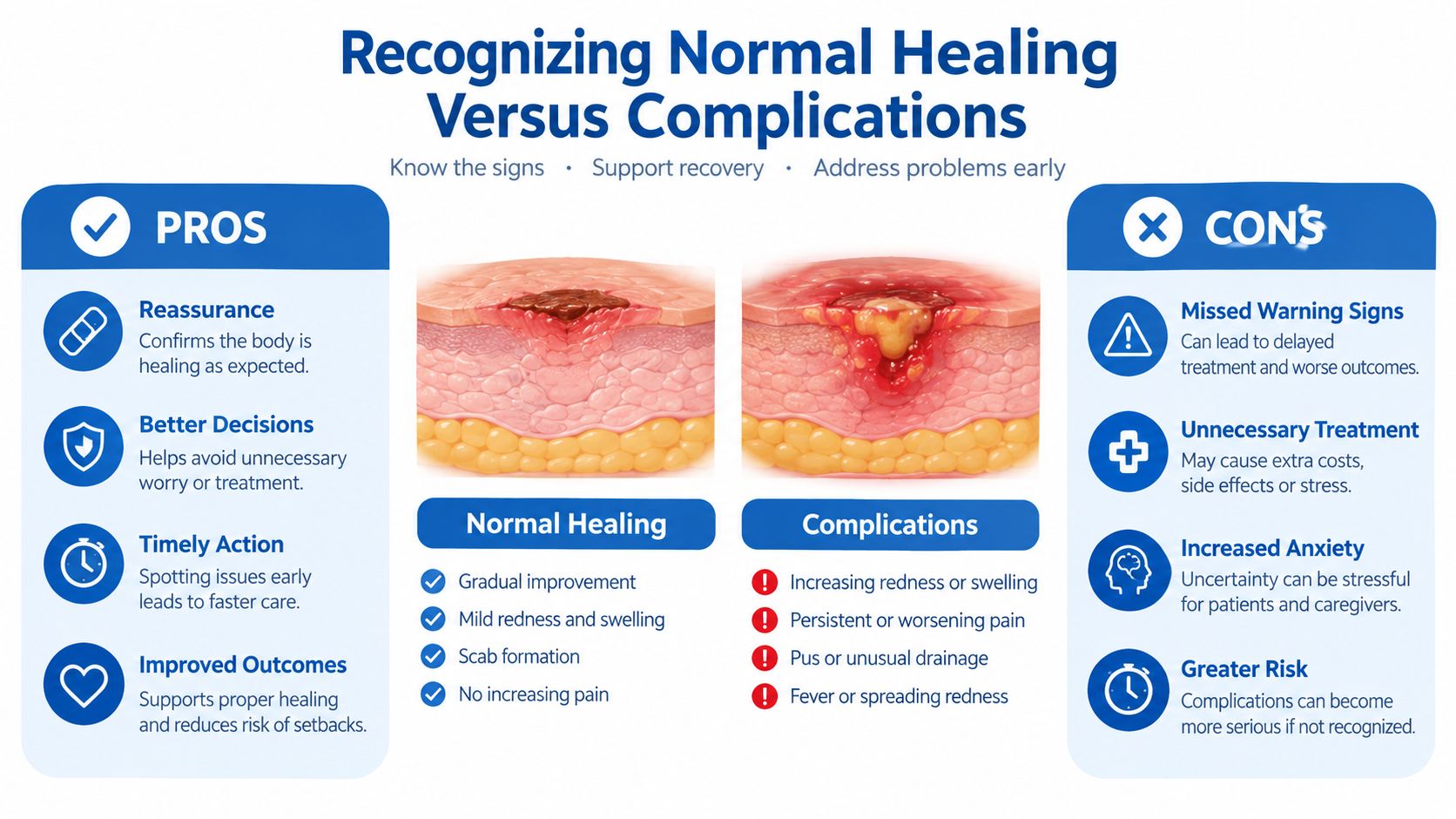 A medical infographic comparing signs of normal wound healing versus potential complications like infection and inflammation.