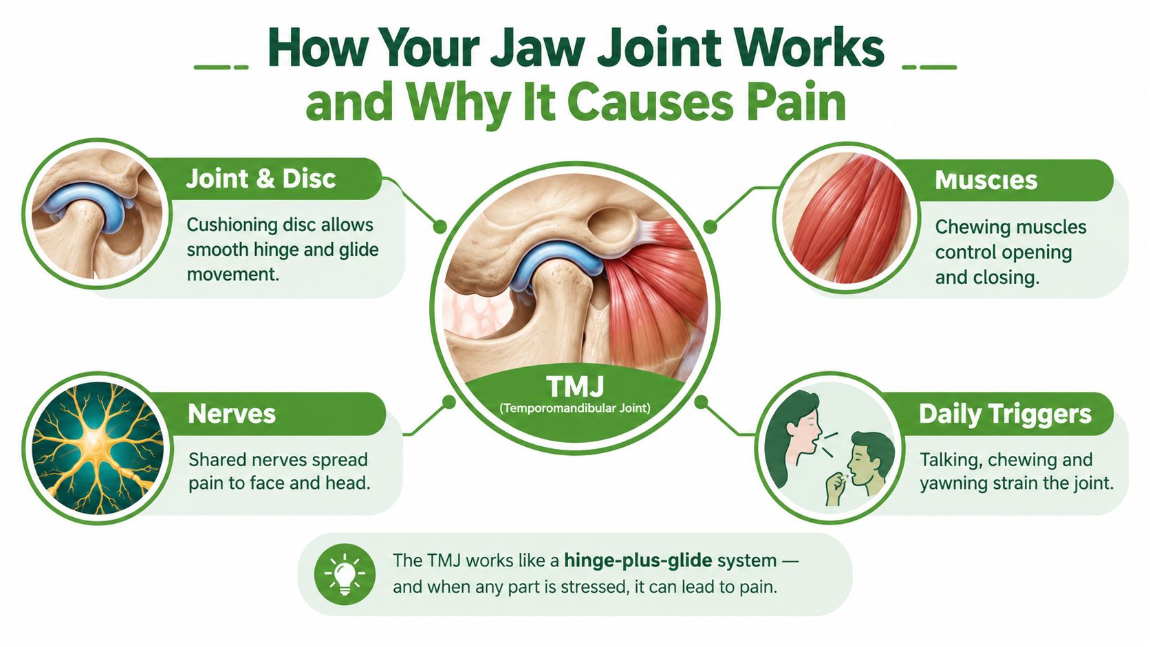 An infographic showing the components of the temporomandibular joint, including muscles, nerves, and daily joint stressors.