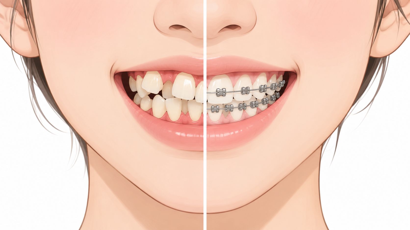 A split image showing teeth with crowding before and after the application of metal braces for treatment.