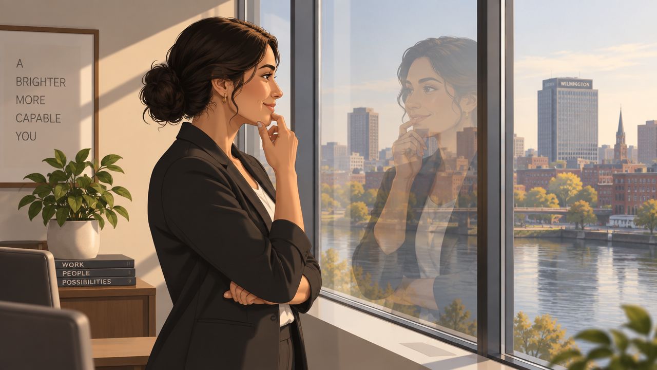 A professional woman looking out a window at a cityscape while contemplating her business career goals.