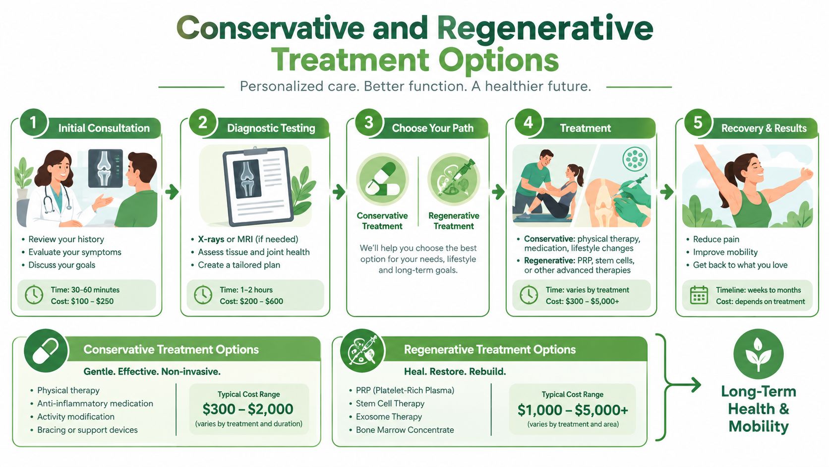 A flow chart illustrating the five-step conservative and regenerative treatment process for joint pain relief and mobility.