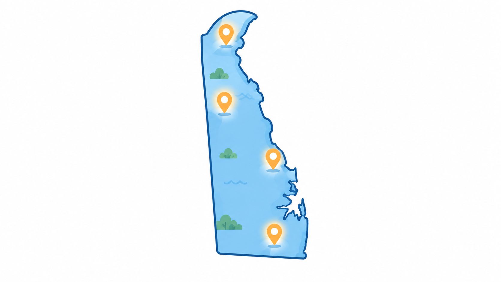A stylized map of Delaware highlighting four specific locations with orange map marker icons.
