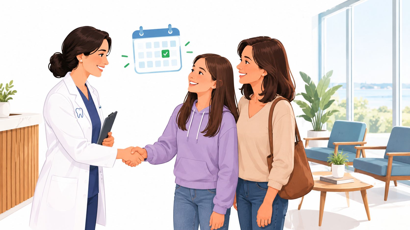 A dentist greeting a teenage girl and her mother in a bright, modern orthodontist waiting room.