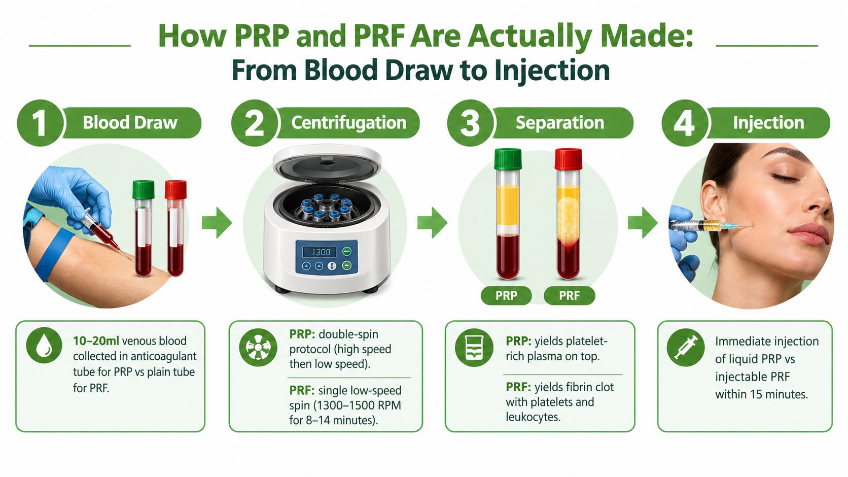 An infographic illustrating the step-by-step production process for PRP and PRF injections from blood collection to application.