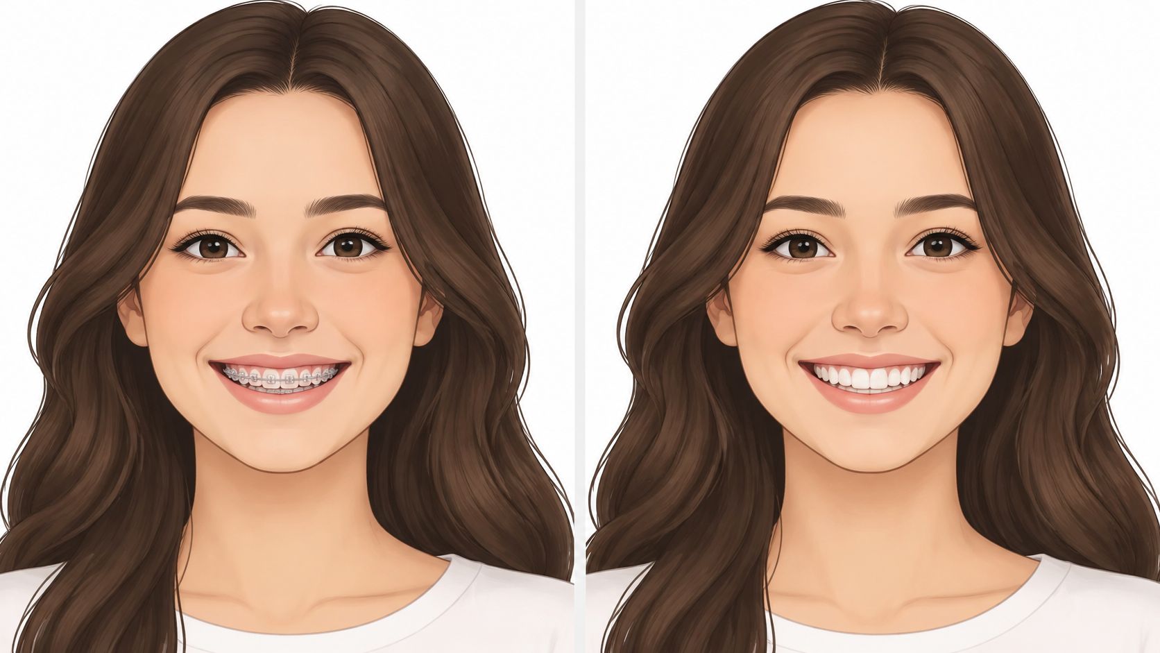 A split image comparison showing a woman's smile with metal braces versus straight teeth after treatment.