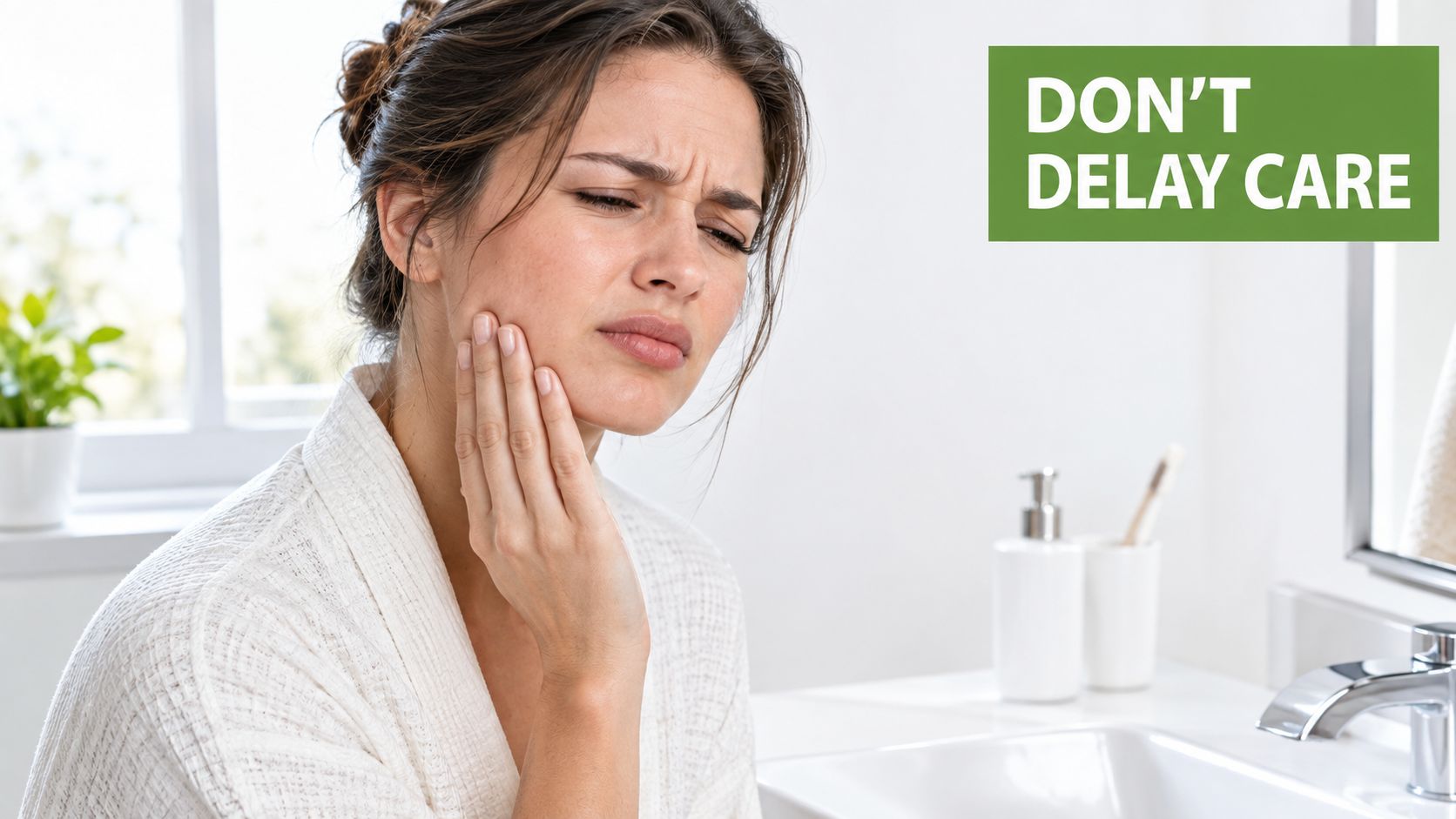 A woman holding her jaw in pain, symbolizing a dental emergency in a bathroom setting.