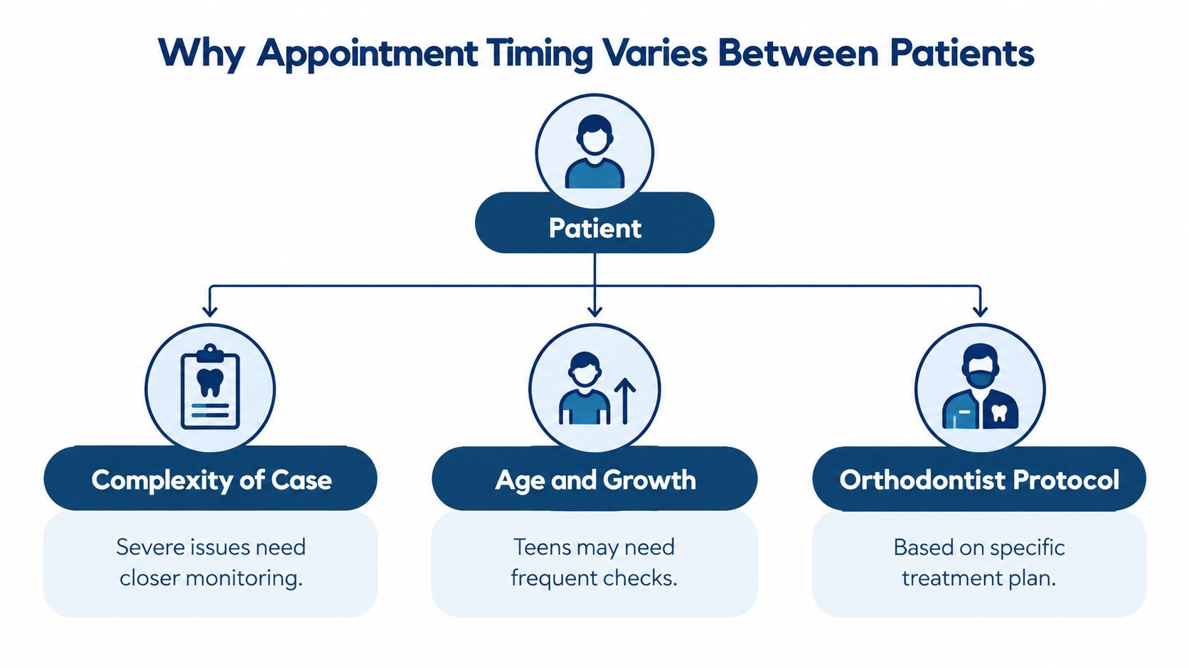 An infographic explaining that orthodontic appointment frequency depends on case complexity, patient growth, and the doctor's protocol.