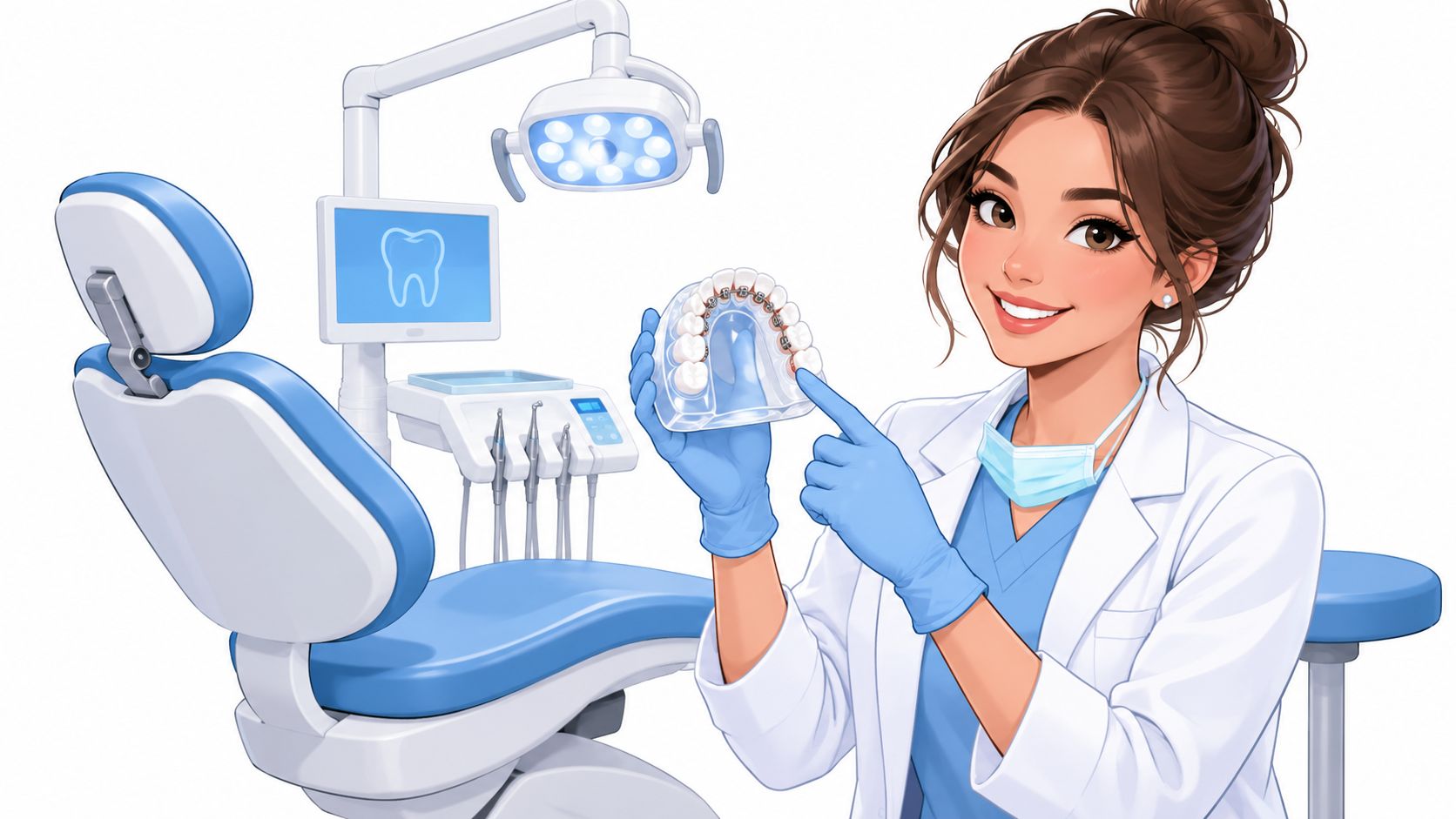 A friendly female dentist in a white coat holding a dental model with lingual braces.