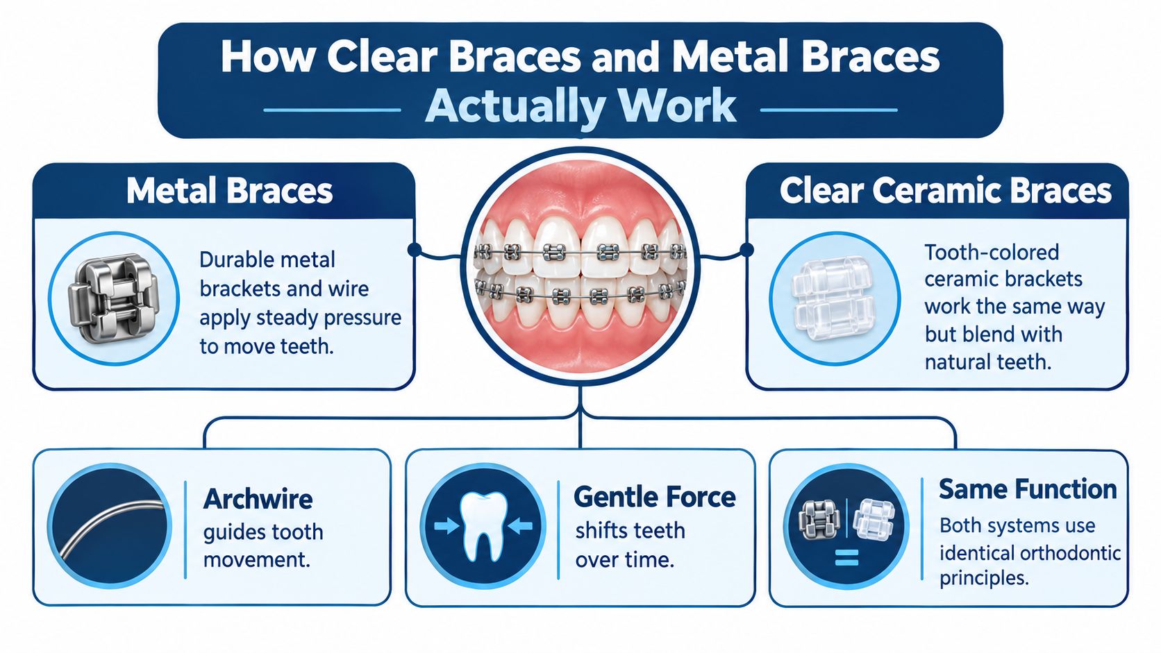 An infographic comparing metal braces and clear ceramic braces and explaining how they both straighten teeth.