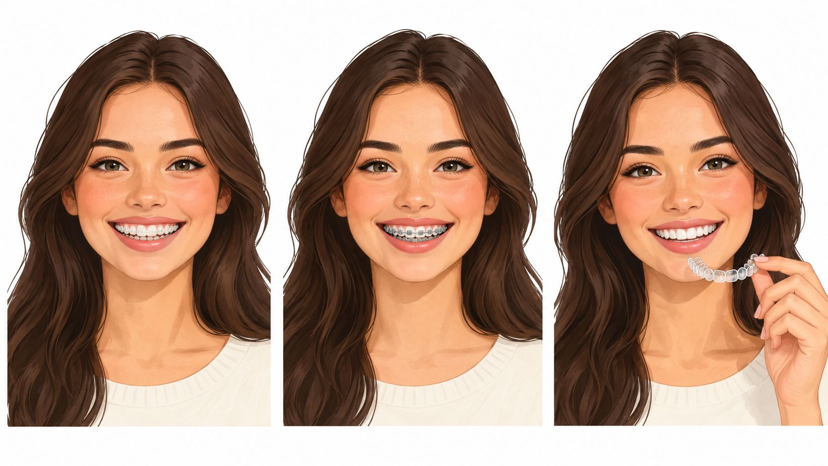 A composite illustration comparing traditional metal braces with clear teeth aligner trays for dental correction treatment.