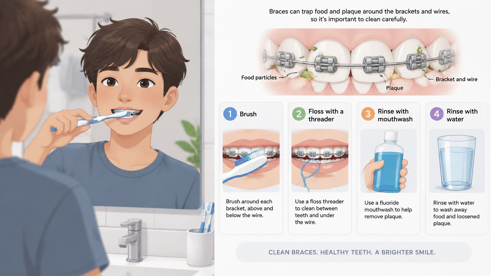 A boy in front of a mirror demonstrating how to properly clean teeth with dental braces.