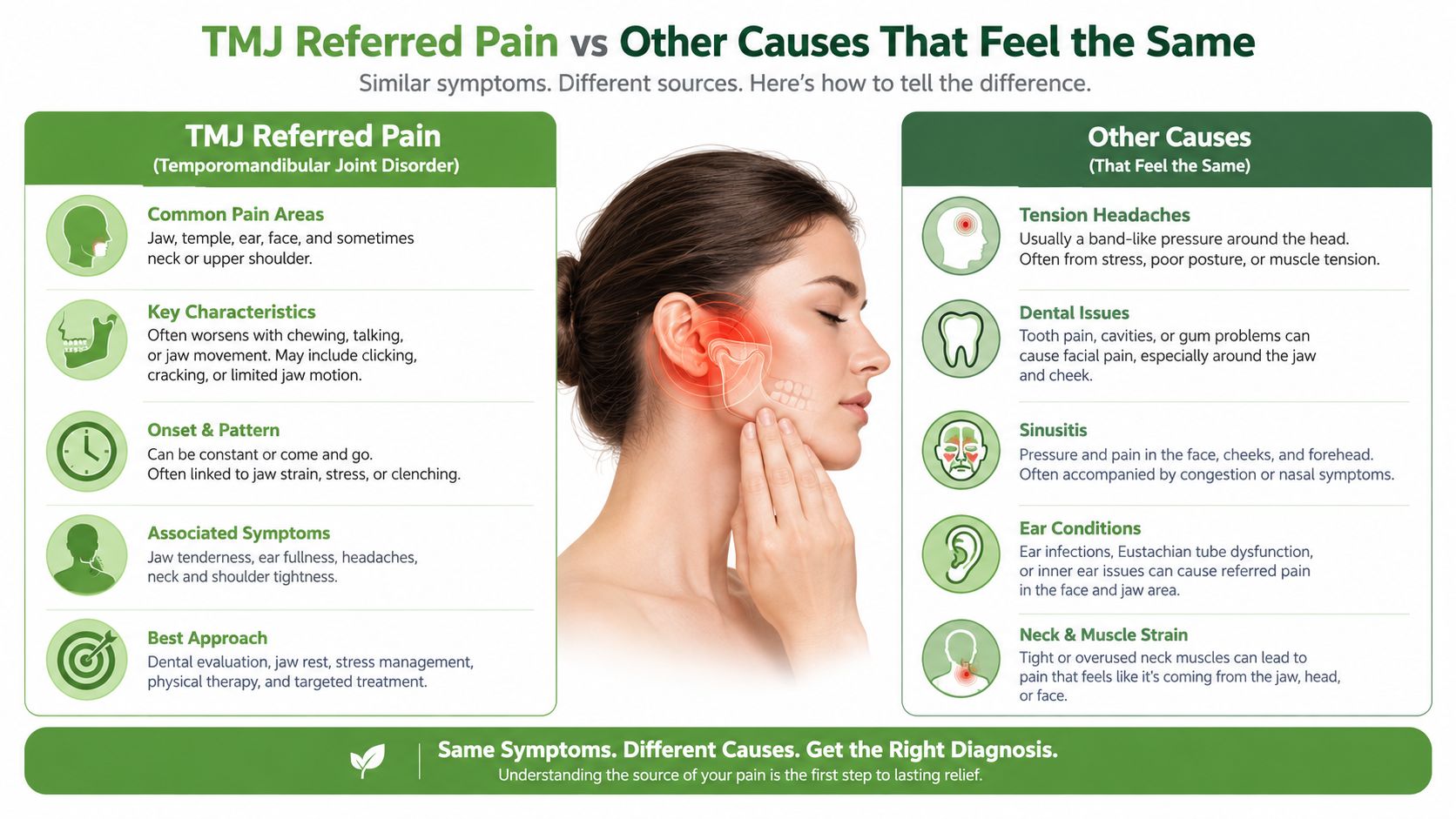 An infographic comparing TMJ-referred pain symptoms and causes with other conditions like tension headaches and sinusitis.