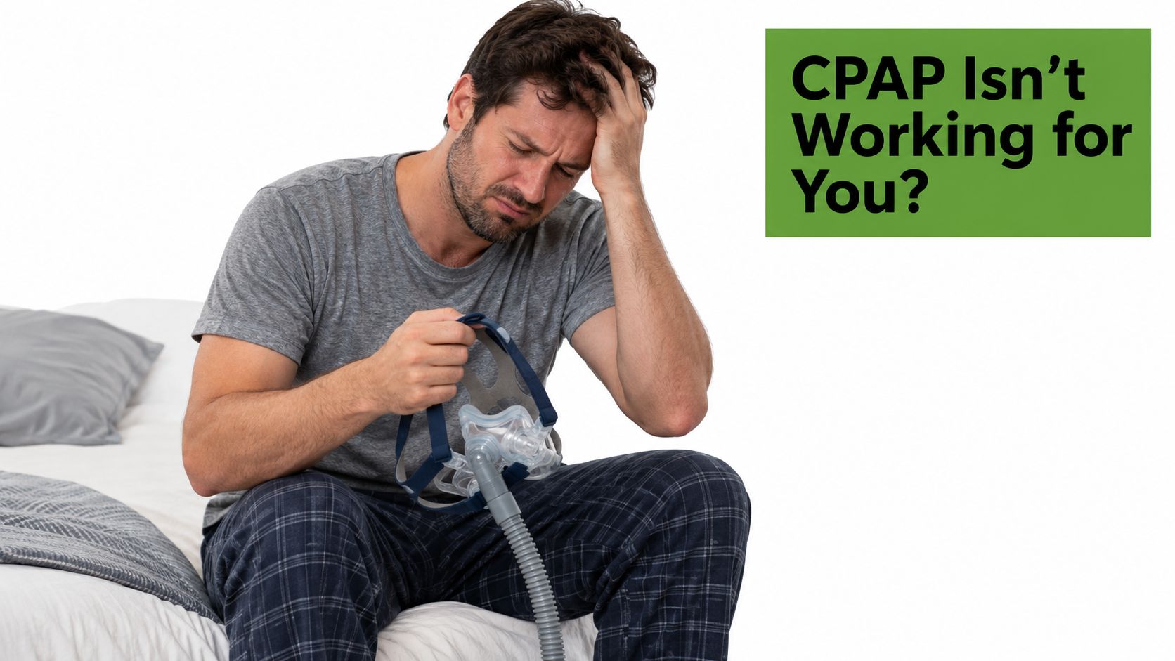 A frustrated man wearing pajamas sits on a bed holding a CPAP mask in his hand.