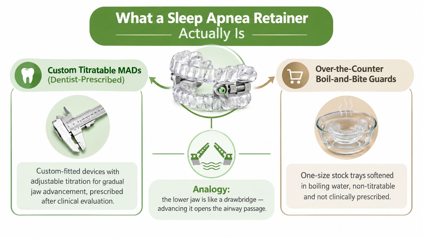 An infographic comparing custom dentist-prescribed sleep apnea retainers and over-the-counter boil-and-bite guards with a drawbridge analogy.