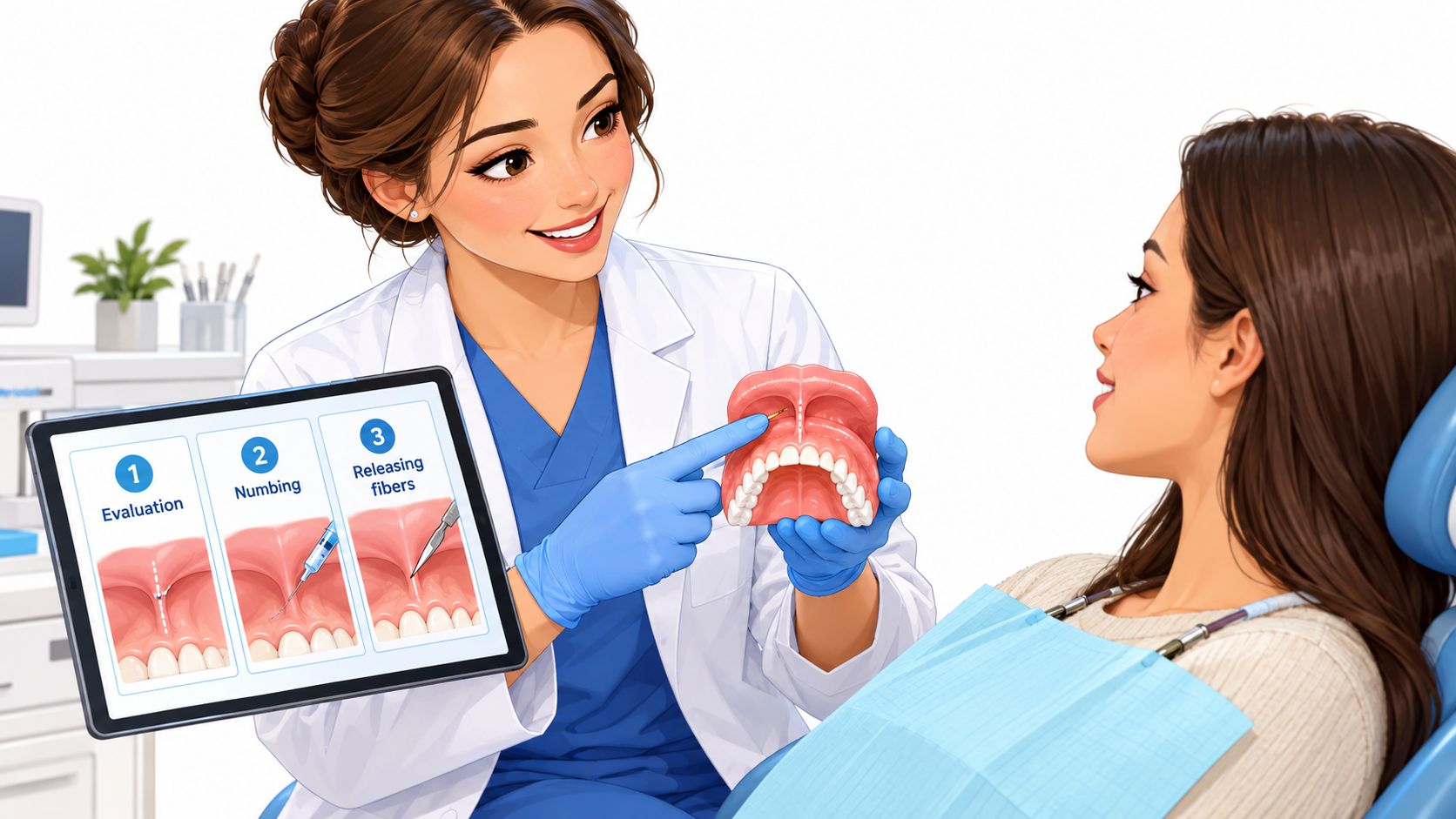 A female dentist explains a frenectomy procedure for gum recession using a digital tablet and dental model.