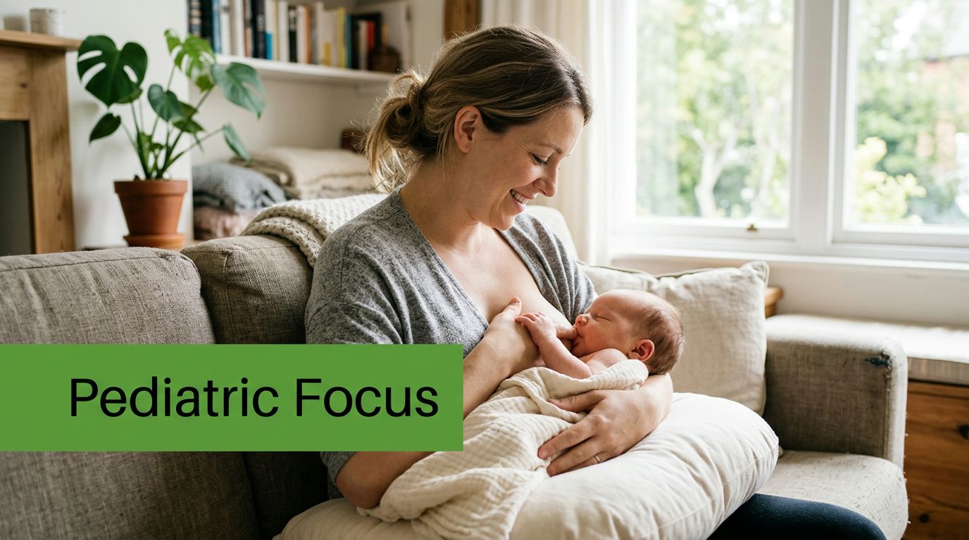 A smiling mother breastfeeding her newborn baby while sitting comfortably on a couch in a bright room.
