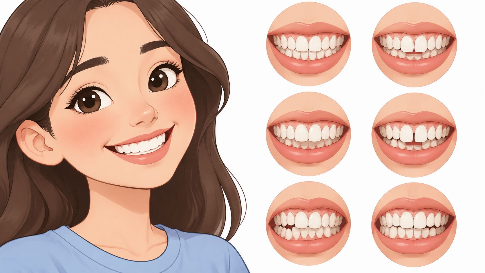 A digital illustration of a smiling girl alongside several circular icons showing different teeth alignment conditions.