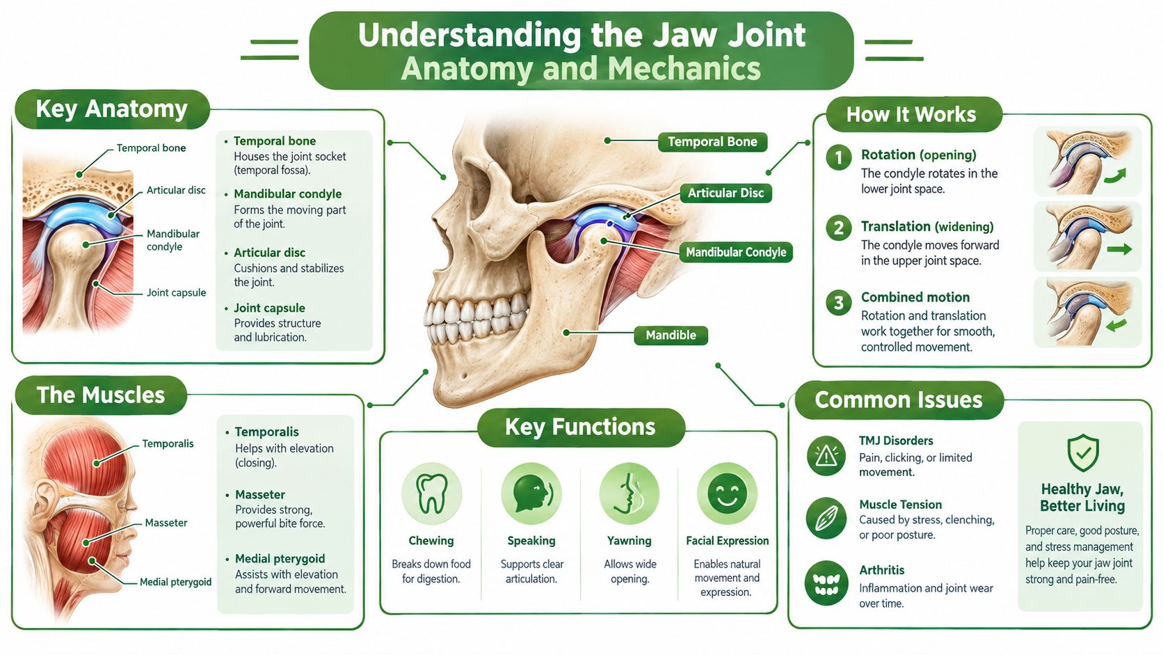 An infographic diagram illustrating the anatomy, mechanics, functions, and common health issues of the human jaw joint.
