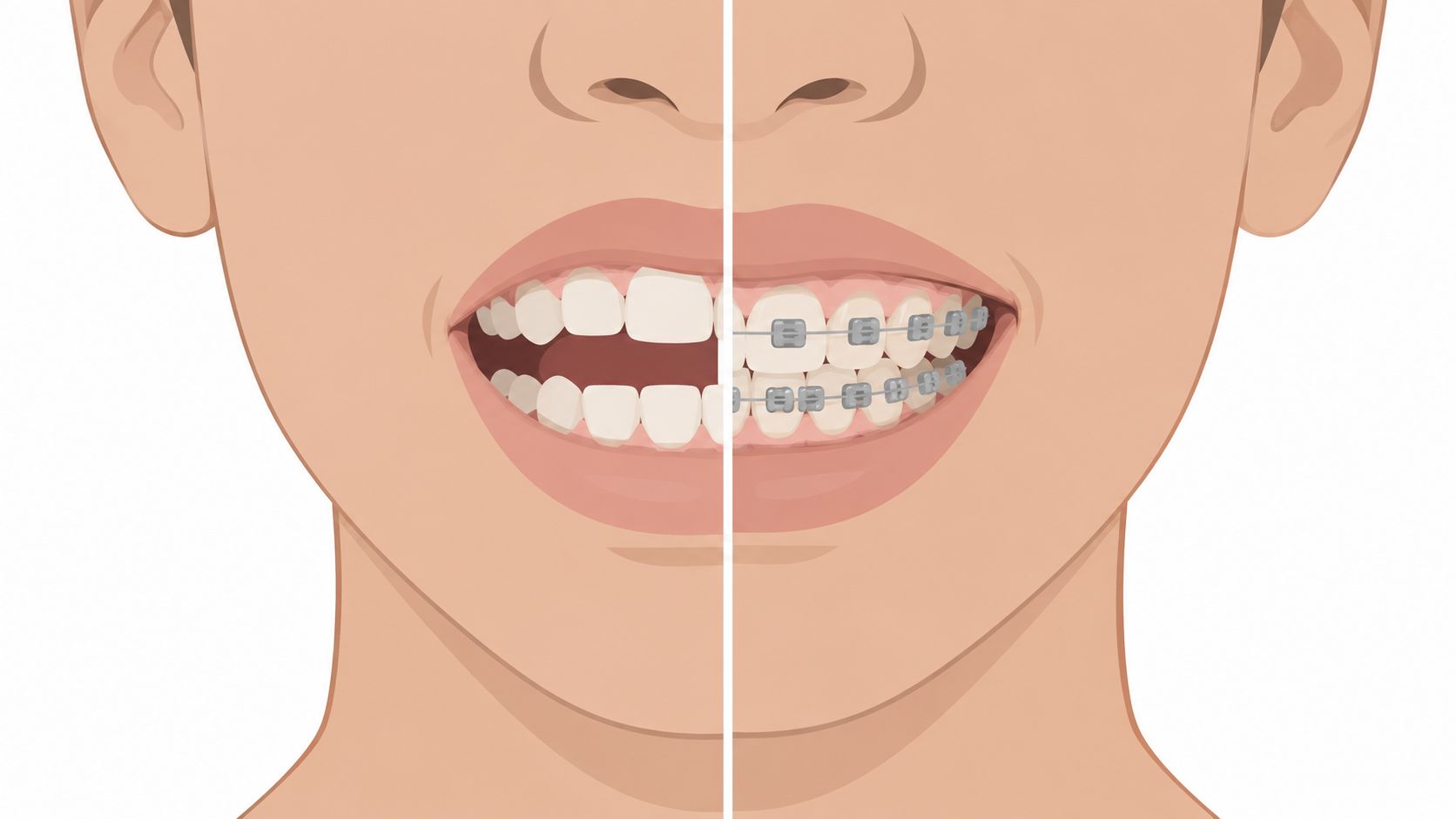 A split illustration comparing a person's teeth before and after having metal orthodontic braces applied.